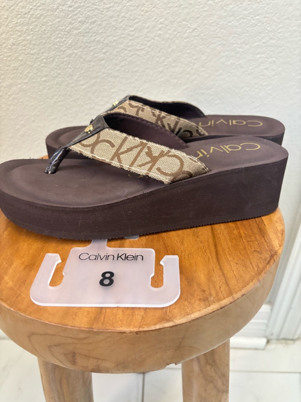 Calvin Klein Brown Logo Canvas Wedge Thong flip flop Sandals platform NWT - Picture 7 of 12